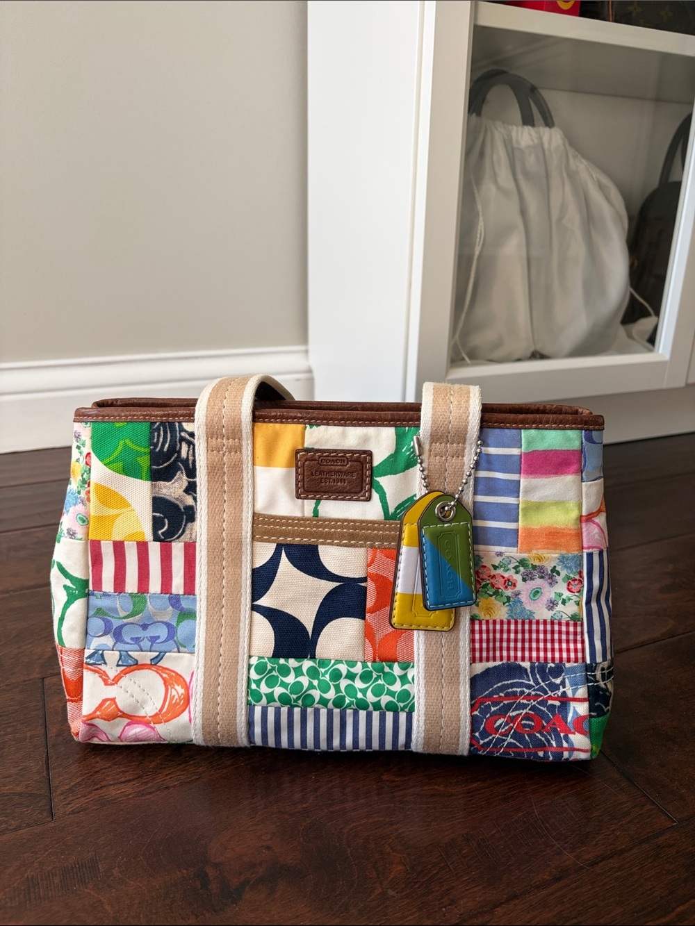 Coach Multi-Color Patchwork Hampton Tote with Beige Trim